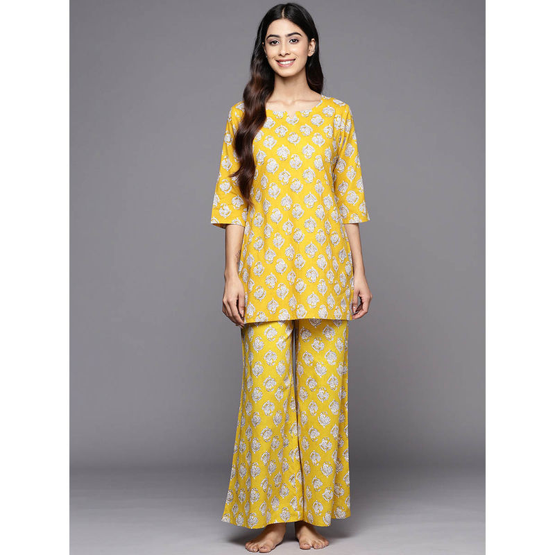 Libas Mustard cotton floral printed kurti with cotton printed pyjamas (XS)