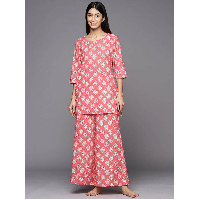Libas Pink cotton floral printed kurti with cotton printed pyjamas (M)