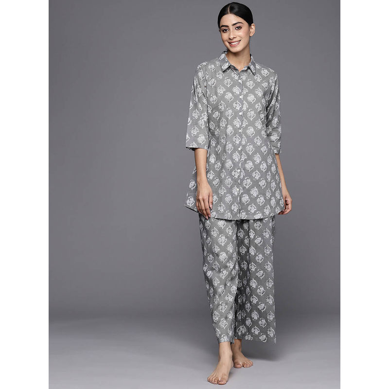Libas Grey cotton floral printed shirt with cotton printed pyjamas (XL)