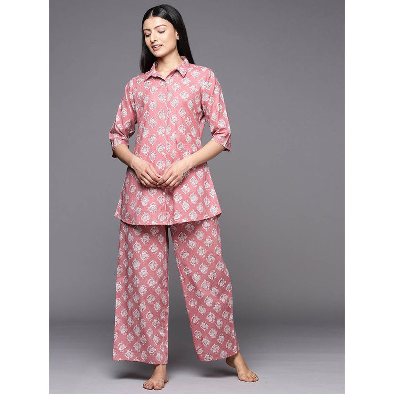 Libas Mauve cotton floral printed shirt with cotton printed pyjamas (M)