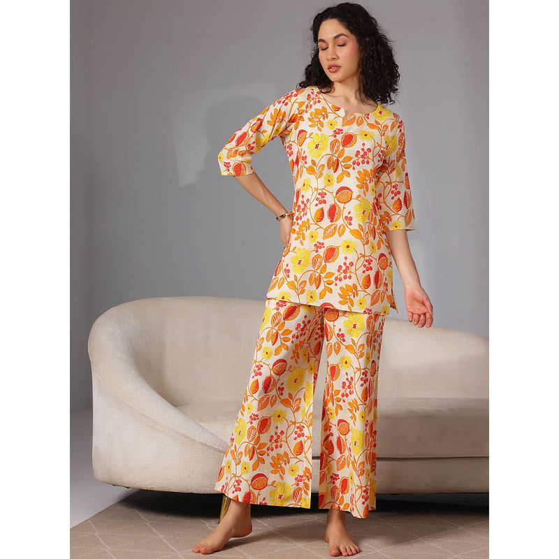 Libas Yellow white floral printed kurti with floral printed pyjamas (S)