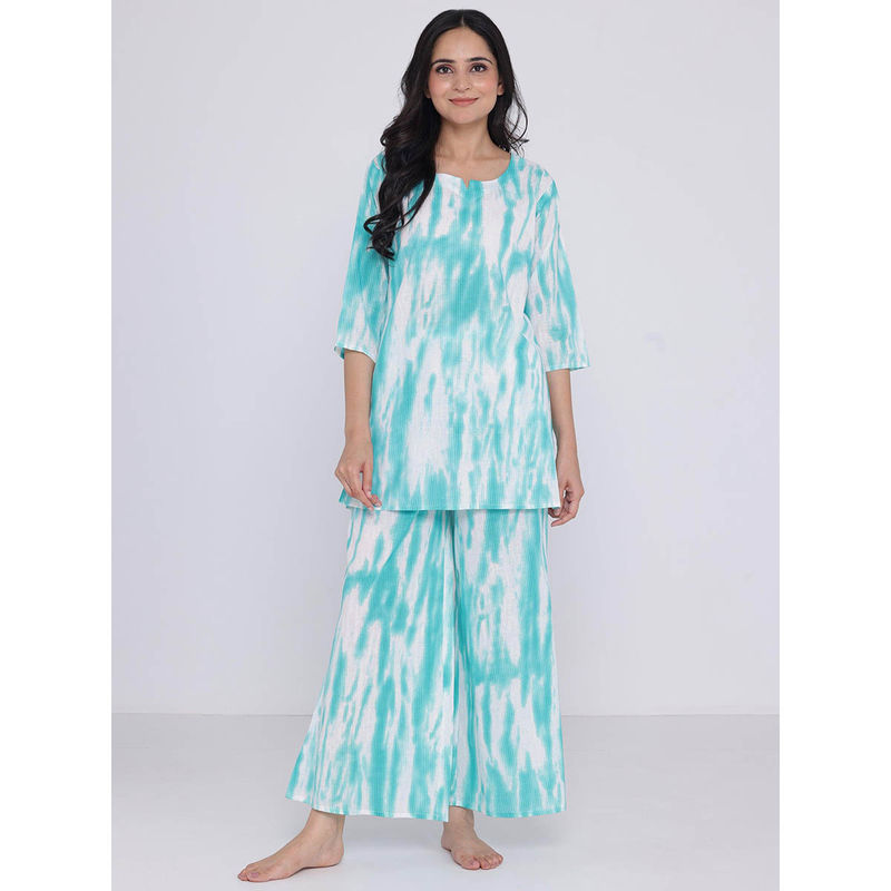 Libas Blue white abstract printed kurti with printed pyjamas (S)