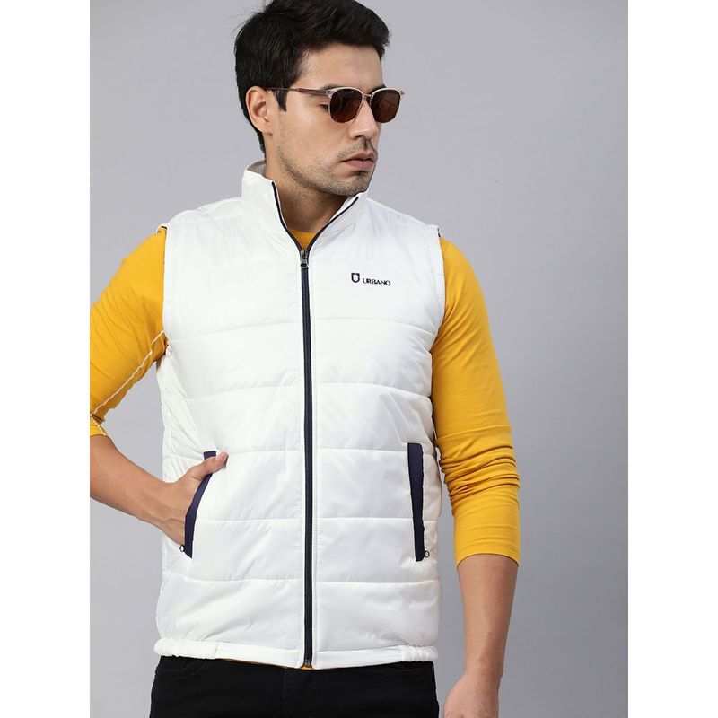 Urbano Fashion Men's White Puffer Sleeveless Zippered Bomber Jacket (L)