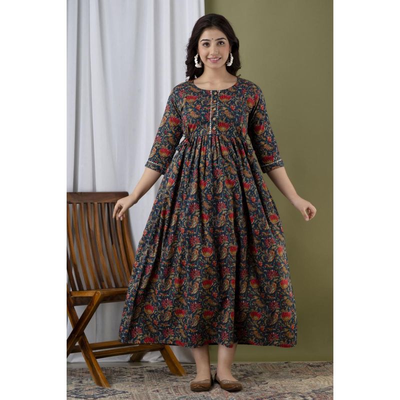 UrbanRang Royal Bloom Navy Maternity Dress (S)