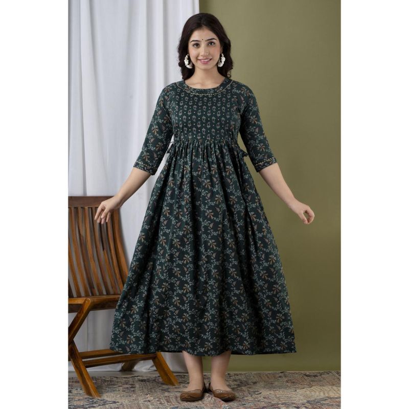 UrbanRang Deep Forest Green Floral Maternity Dress (S)