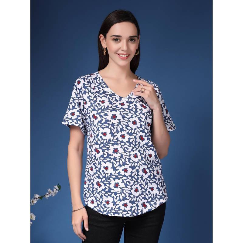 Zelena Navy Blue Cotton Maternity Printed Feeding Top (M)