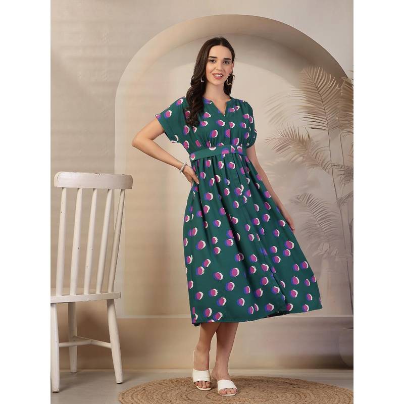 Zelena Green Polyester Maternity Nursing Dress with Belt (L)