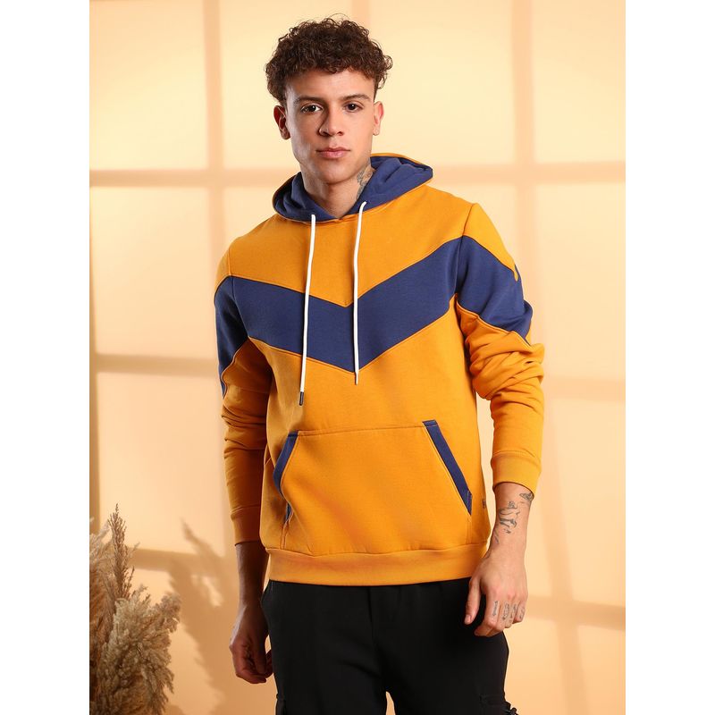 Campus Sutra Men Mustard Yellow Contrast Panel Hoodie with Ribbed Hem (M)