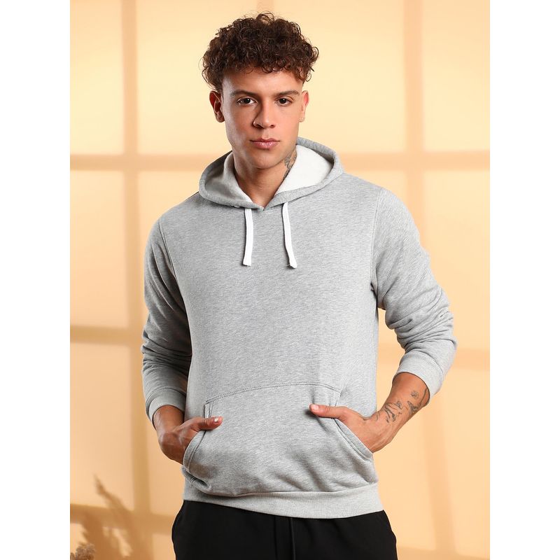 Campus Sutra Men Light Grey Pullover Hoodie with Contrast Drawstring (L)