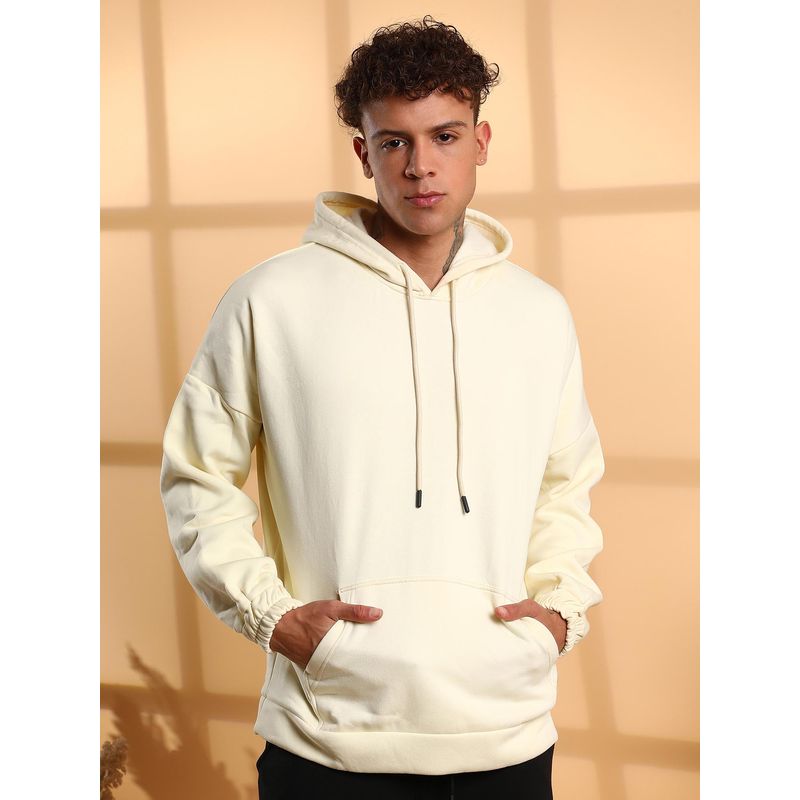 Campus Sutra Men Cream Oversized Pullover Hoodie with Front Pocket (XL)