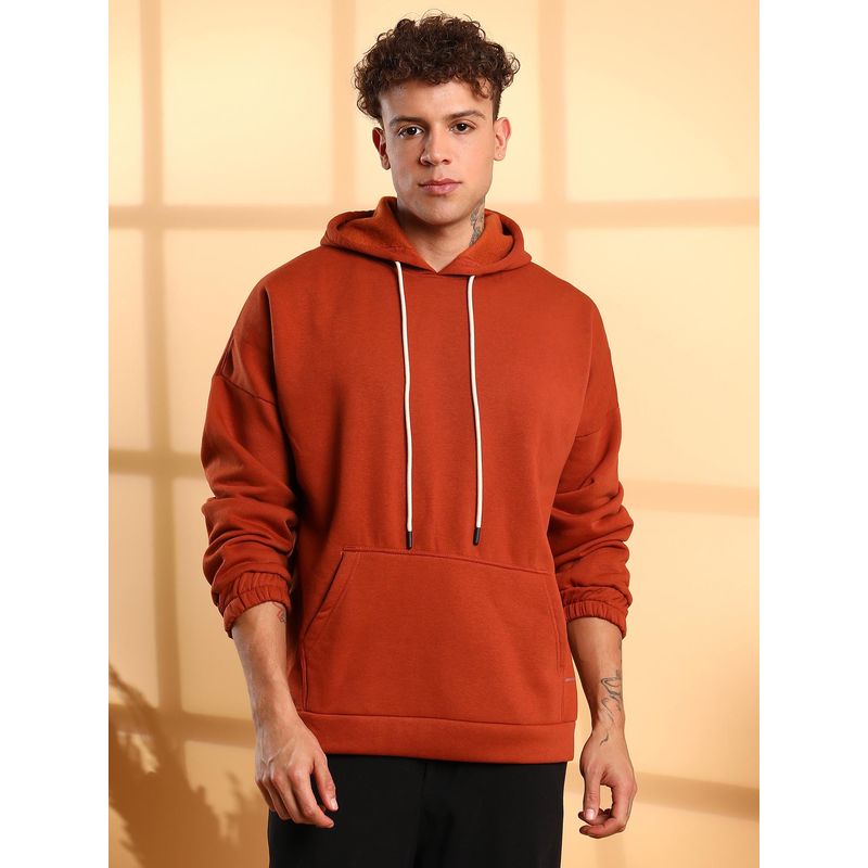 Campus Sutra Men Burnt Orange Oversized Pullover Hoodie with Front Pocket (L)