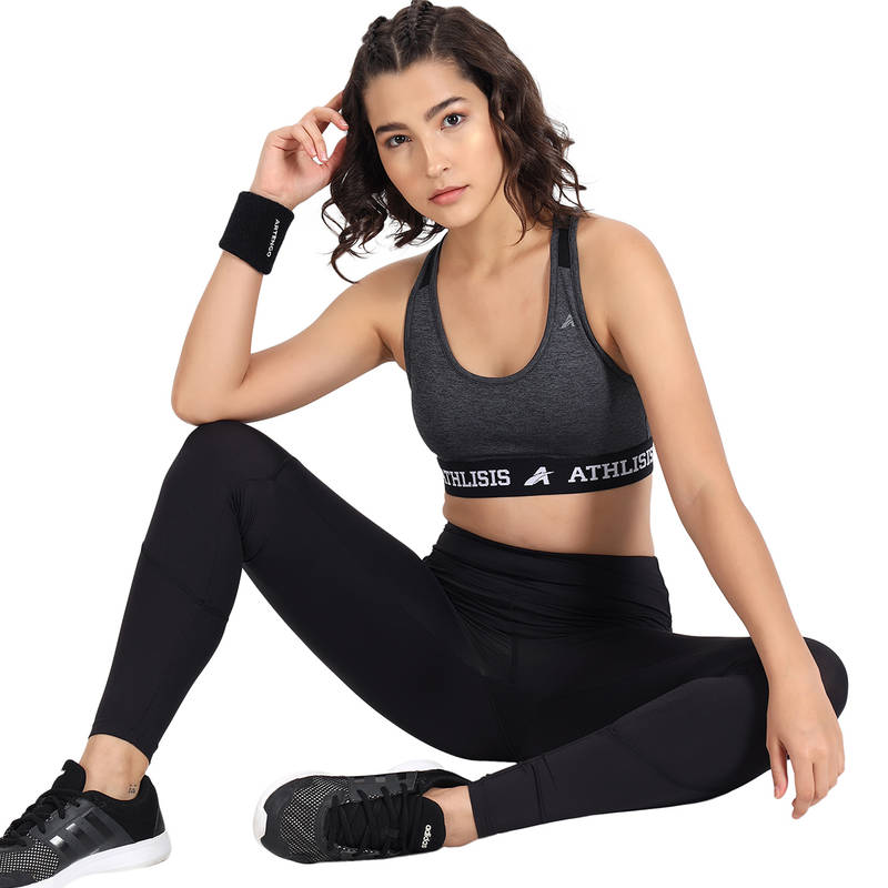 Athlisis Women Black Melange Colourblocked Non-Wired Lightly Padded Workout Bra - Black (M)