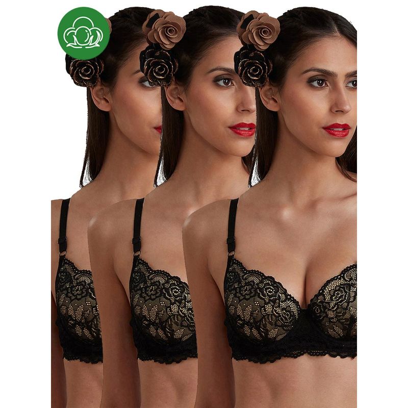 Inner Sense Organic Cotton Padded Underwired Lace Bras ( Pack Of 3)-Black (32D)