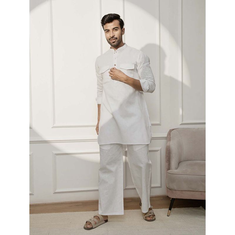 Vastramay Men White Cotton Linen Pathani Kurta with Pant (Set of 2) (36)