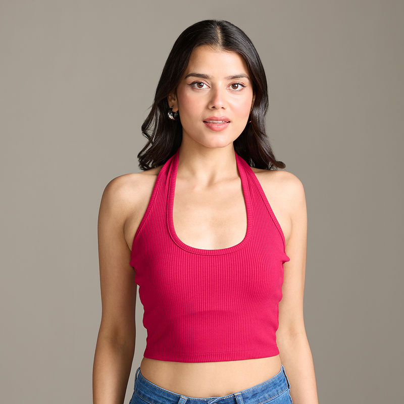 Twenty Dresses by Nykaa Fashion Magenta Solid Halter Neck Sleeveless Fitted Crop T-Shirt (XS)