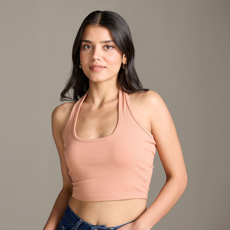 Twenty Dresses by Nykaa Fashion Apricot Solid Halter Neck Sleeveless Fitted Crop T-Shirt (XS)