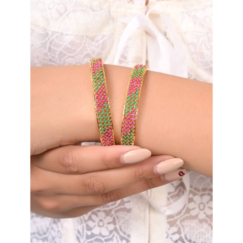 Ratnavali Jewels Gold Plated Red Green Multi American Diamond Cz Sleek Bangle (2.4)