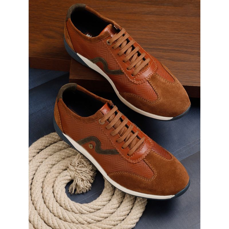 EZOK Men Tan Lace Up Textured Leather Sneakers (UK 7)
