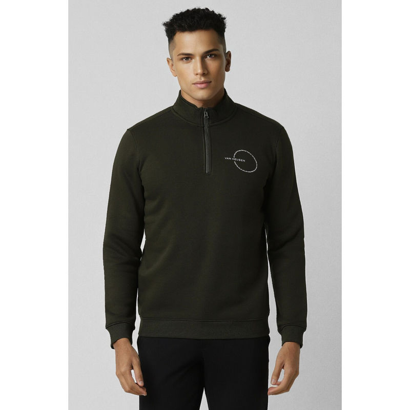 Van Heusen Men Olive Solid High Neck Sweatshirt (XL)
