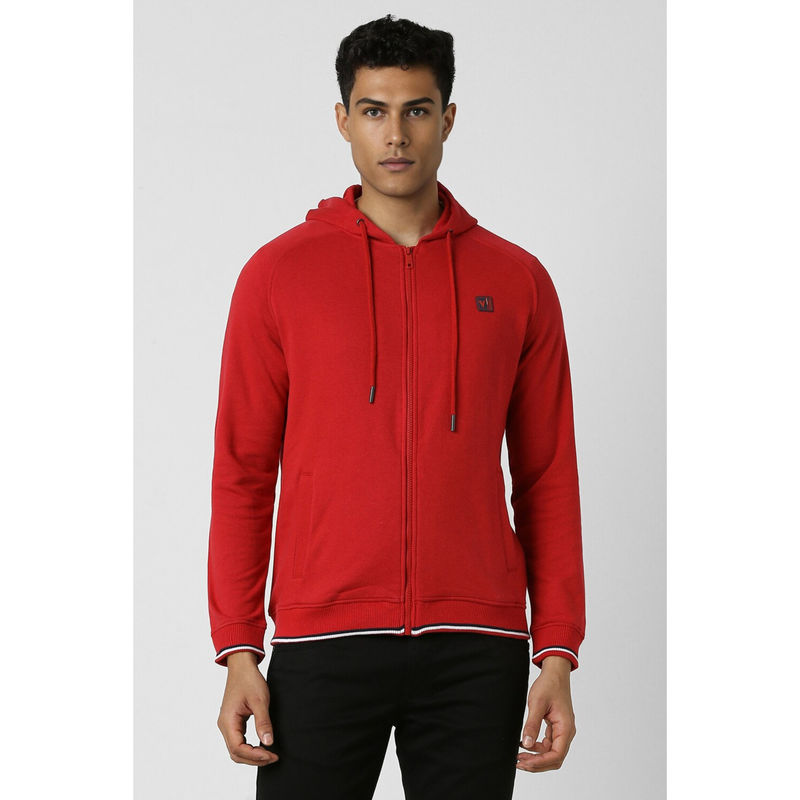 Van Heusen Men Red Solid Hooded Neck Hoodie (S)