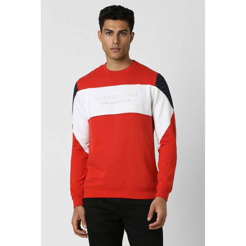 Van Heusen Men Red Colorblock Crew Neck Sweatshirt (S)