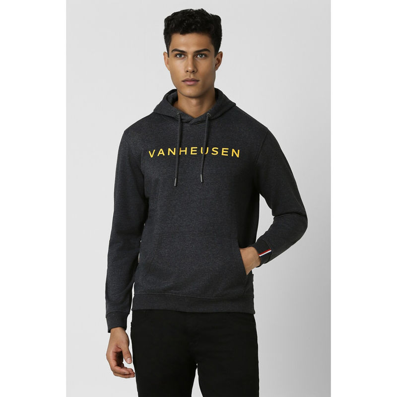 Van Heusen Men Grey Solid Hooded Neck Hoodie (L)