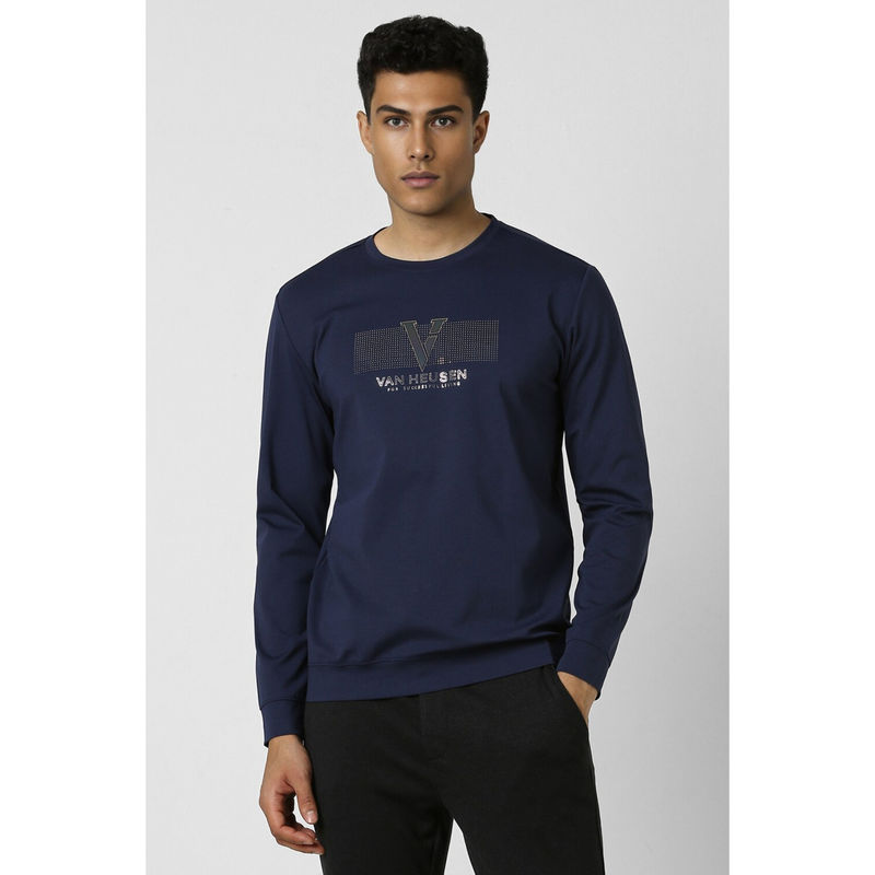 Van Heusen Men Navy Blue Solid Crew Neck Sweatshirt (S)