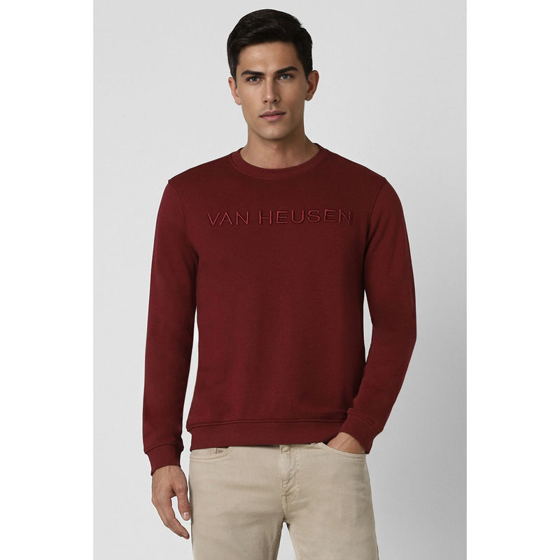 Van Heusen Men Maroon Solid Crew Neck Sweatshirt (L)