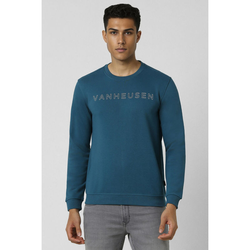 Van Heusen Men Blue Solid Crew Neck Sweatshirt (M)
