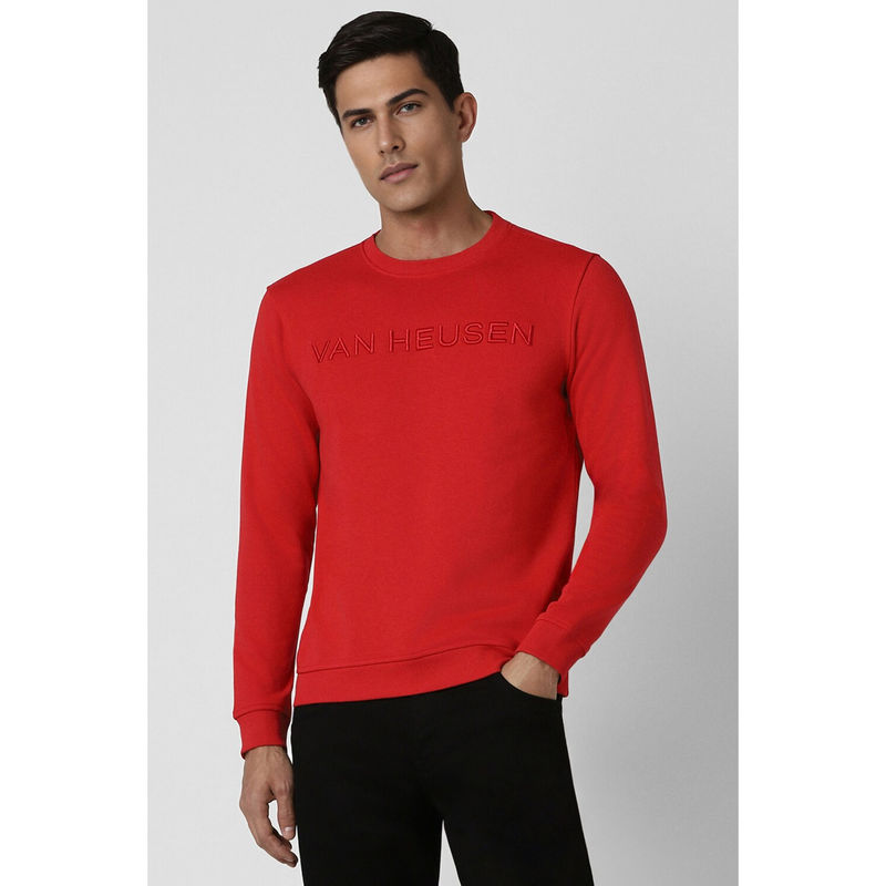 Van Heusen Men Red Solid Crew Neck Sweatshirt (M)