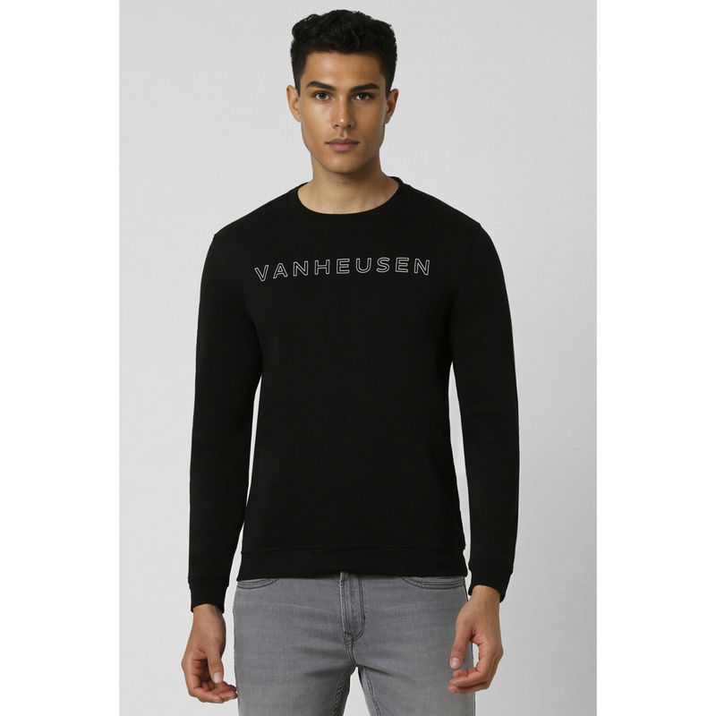 Van Heusen Men Black Solid Crew Neck Sweatshirt (M)
