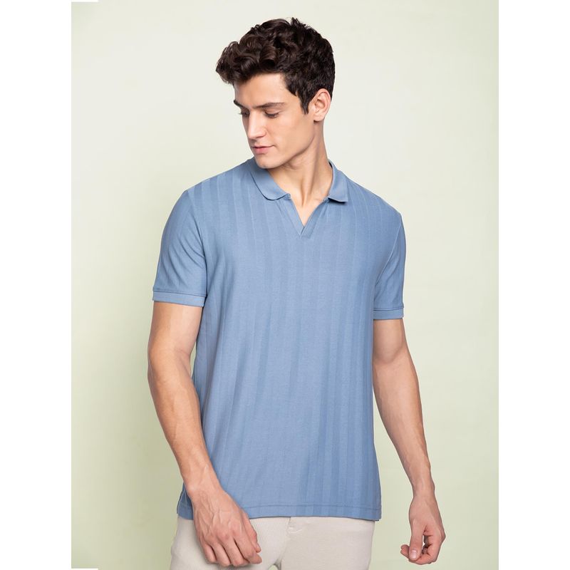 DaMENSCH Blue Herringbone Texture Polo T-Shirt (S)