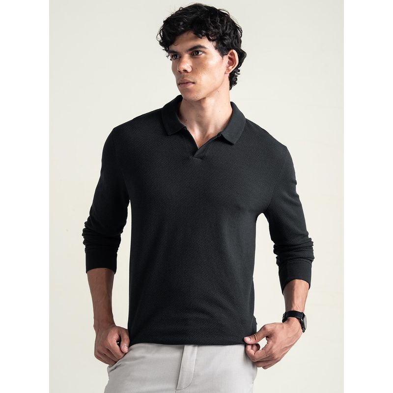 DaMENSCH Black Popcorn Texture Full Sleeve Polo T Shirt (L)