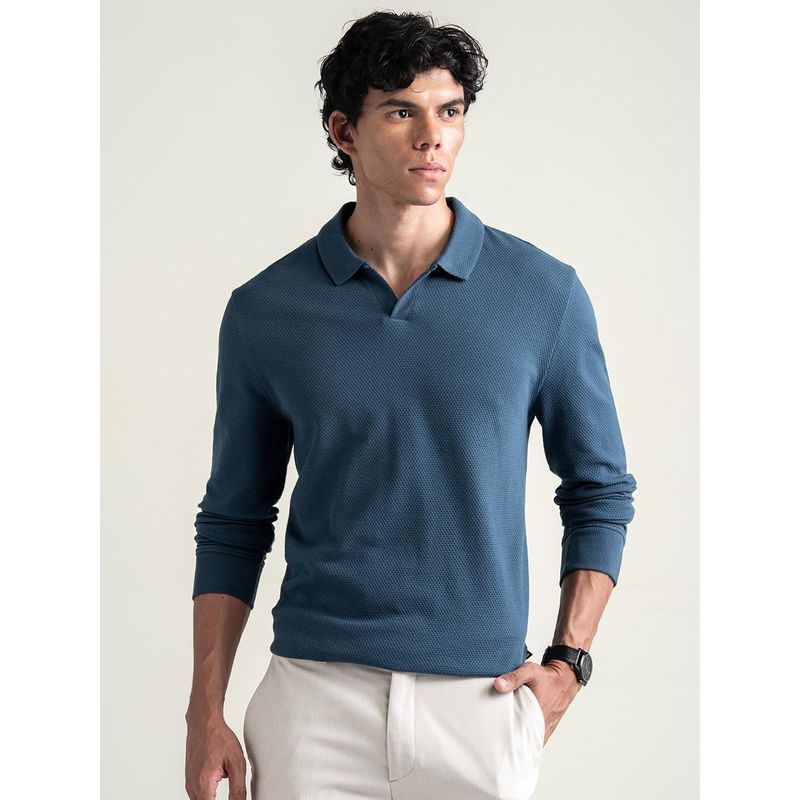 DaMENSCH Blue Popcorn Texture Full Sleeve Polo T Shirt (S)