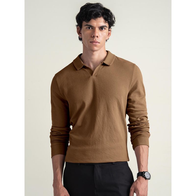 DaMENSCH Brown Popcorn Texture Full Sleeve Polo T Shirt (S)