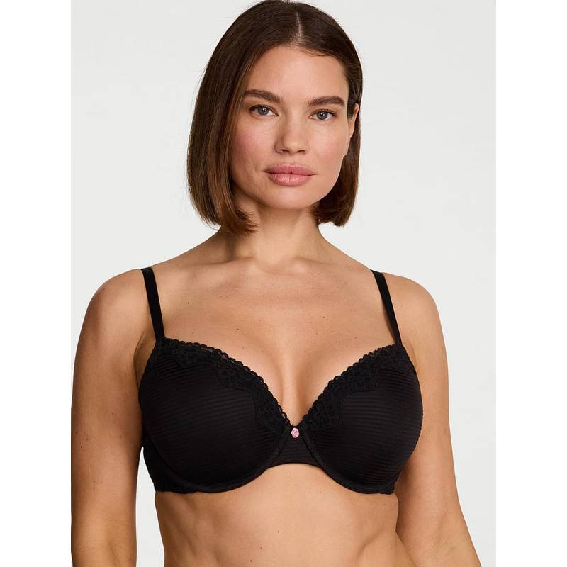 Victoria's Secret The T-Shirt Perfect Shape Cotton Shadow Stripe Lace-Trim Push-Up Black Bra (36D)