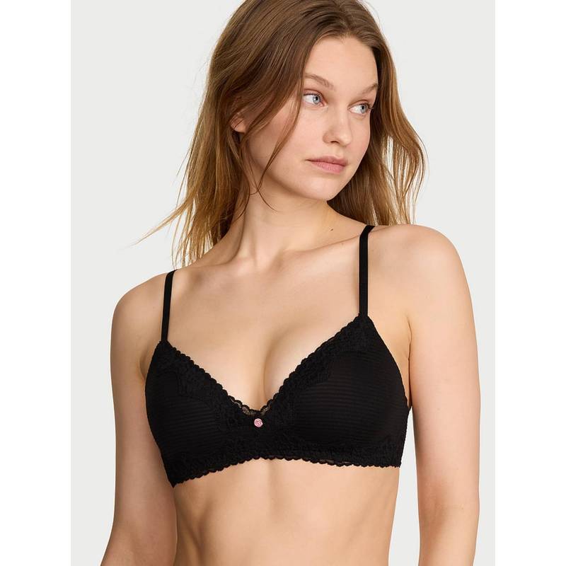 Victoria's Secret The T-shirt Cotton Shadow Stripe Lace-Trim Lightly Lined Wireless Black Bra (36DD)