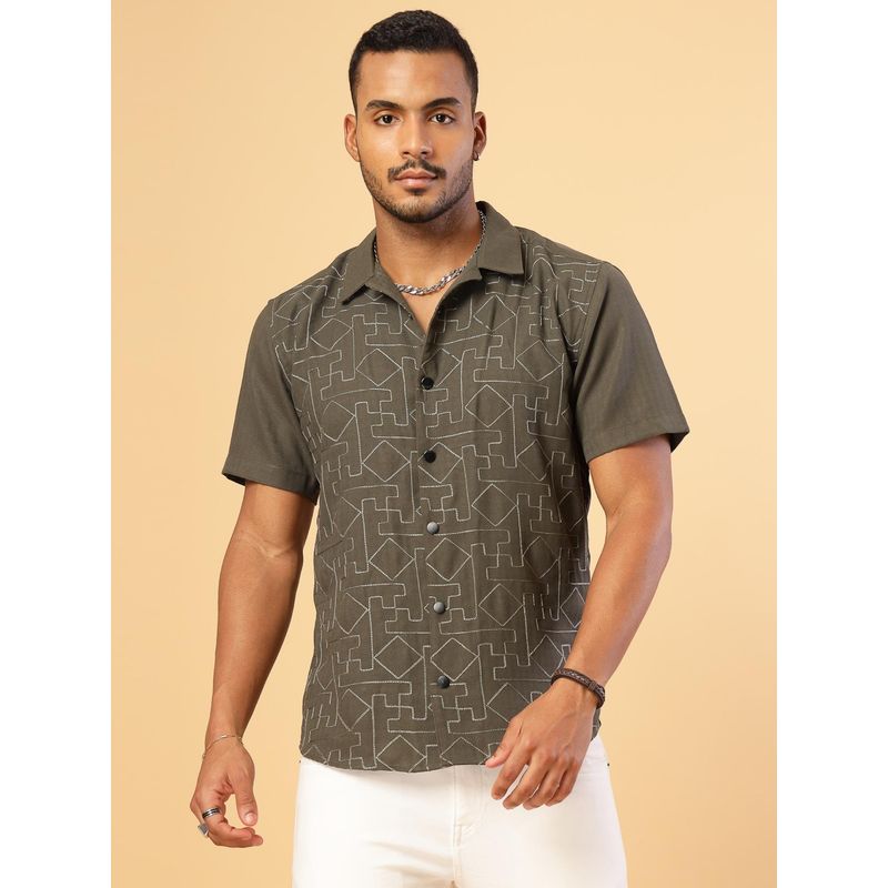 RIGO Men Olive Embroidered Linen Shirt (S)