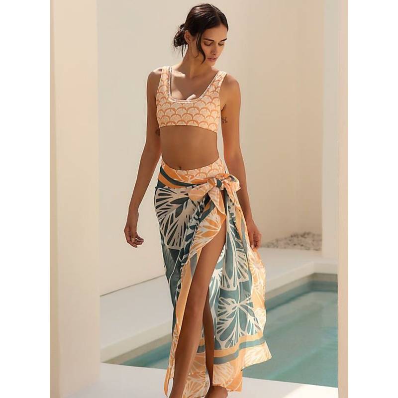 Addery Cream Printed Regular Bikini Top and Bottom with Sarong (S)