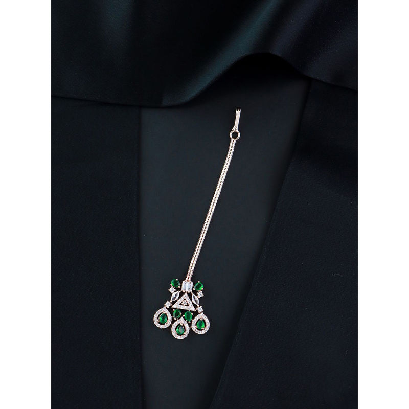 I Jewels Maang Tikka - Rose Gold Plated, Crystal & Stone Headpiece For Weddings (T2109Rg) - View #9