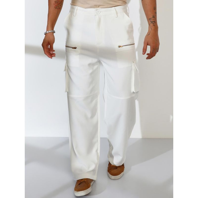 Campus Sutra Men White Solid Regular Fit Cargo Trouser (XL)