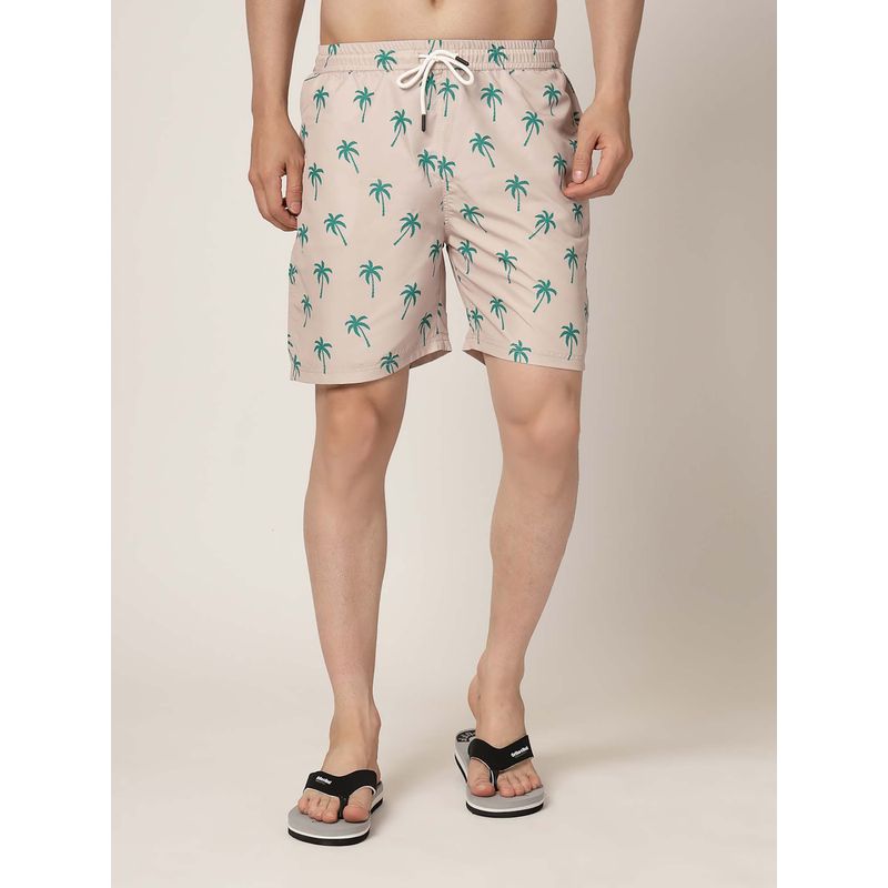 Style Quotient Men Beige and Green Conversational Print Polyester Swim Shorts (S)