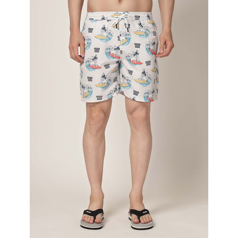 Style Quotient Men Off White and Multi Conversational Print Polyester Swim Shorts (L)