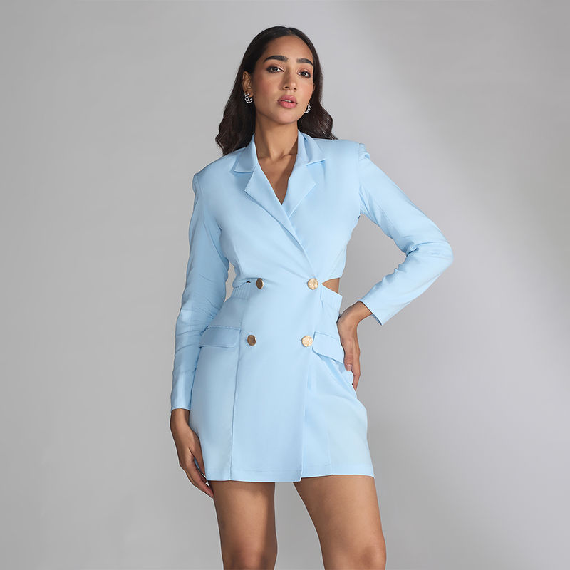 RSVP by Nykaa Fashion Light Blue V Neck Solid Short Blazer Dress (XS)