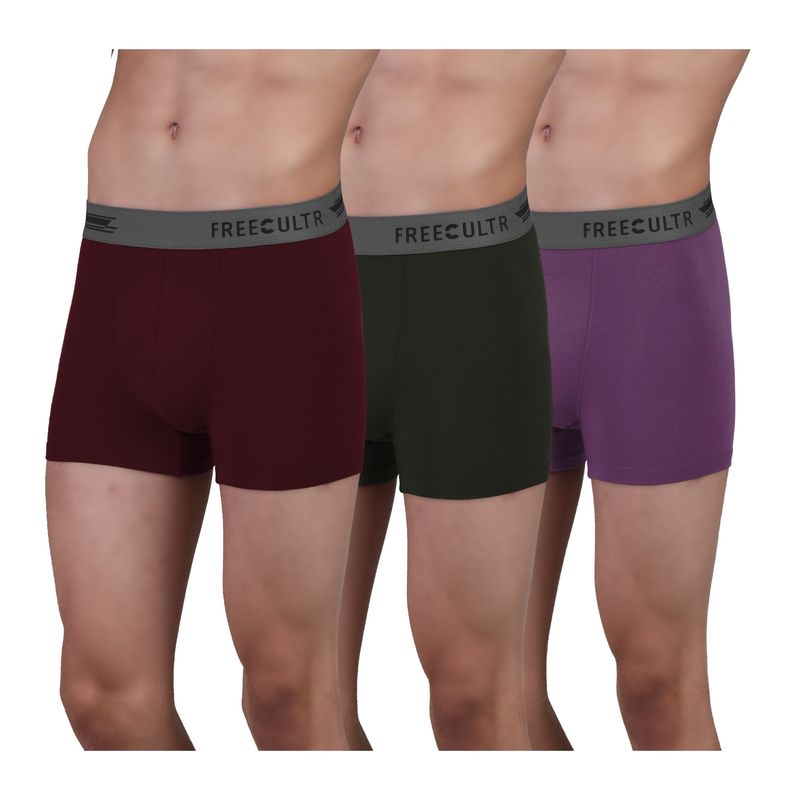 FREECULTR Men's Anti-Microbial Air-Soft Micromodal Underwear Trunk, Pack of 3 - Multi-Color (L)