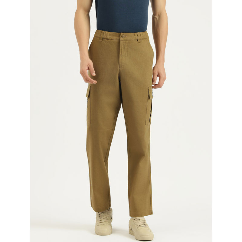 United Colors of Benetton Solid Straight Fit Slub Texture Khaki Cargo Pant (32)