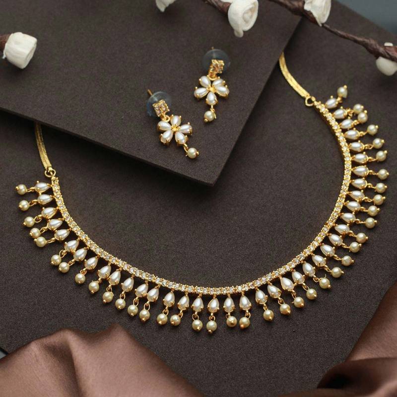 Buy Priyaasi White Pearl American Diamond Gold Plated Jewellery Set Online