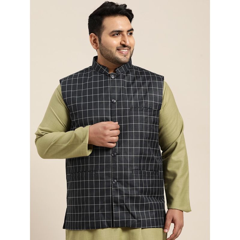 SOJANYA Men Cotton Blend Navy Blue Checked Nehru Jacket (3XL)
