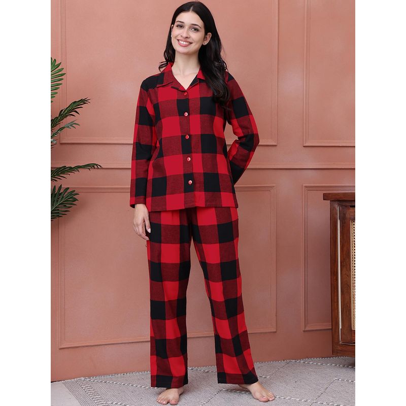 Maroon Checkered Cotton Flannel Night Suit