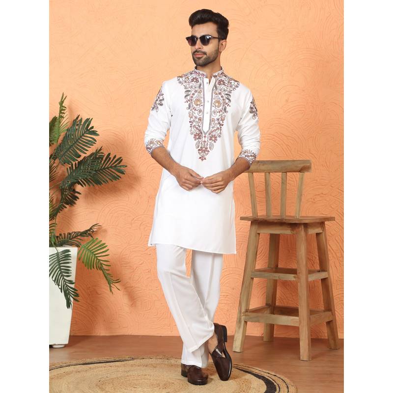 KRAFT INDIA LUXE Japanese Fabric Embroidered Paisley Cream Kurta with Trouser (36)